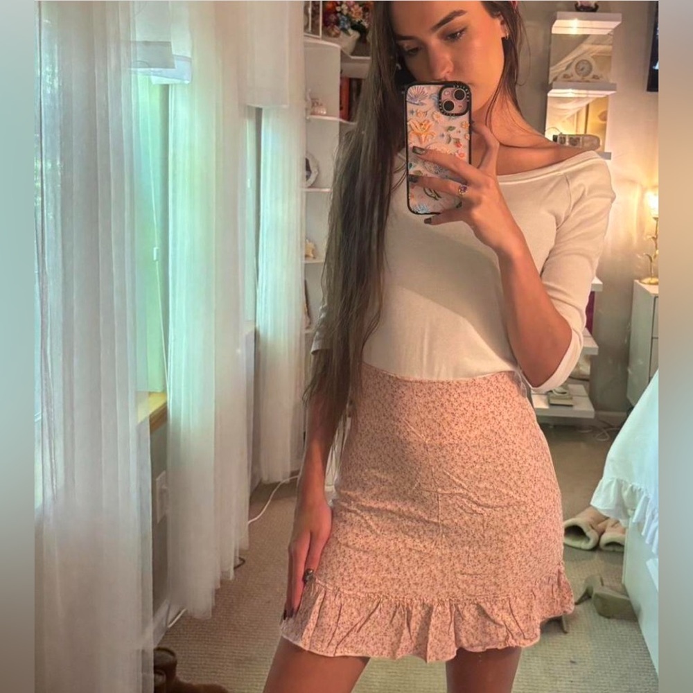 Brandy Melville Floral Pink Ruffle Skirt
